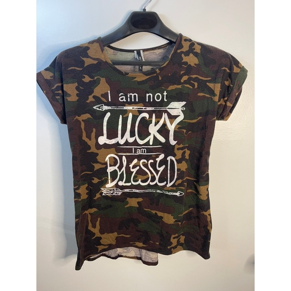 Lovely Souls Womens Camo Graphic Tee‎ I Am Not Lucky I Am Blessed Green Brown XL